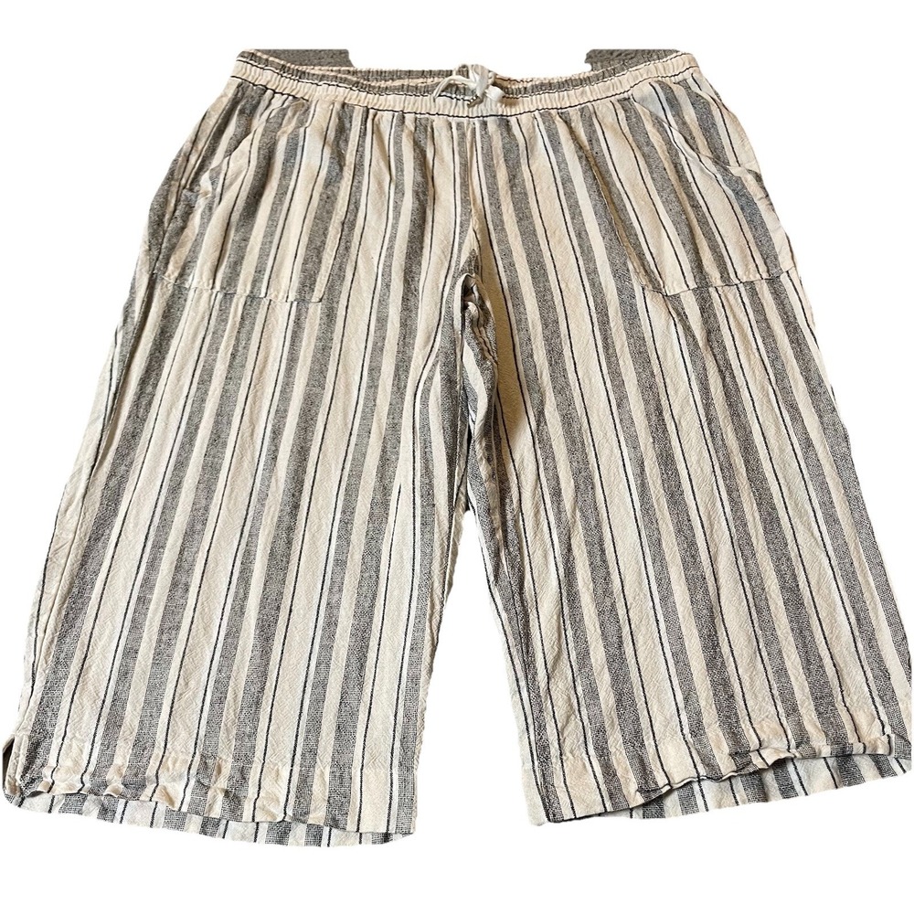Land 'N Sea Wide Leg Capri Pants Women 2X Linen Blend Striped Ivory Beach Boho